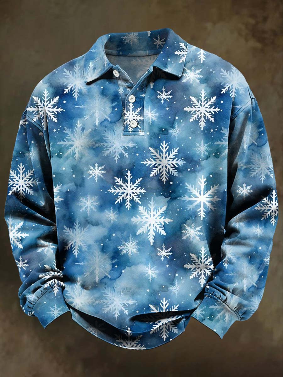 Christmas Snowflake Print Casual Long-Sleeve Polo Shirt