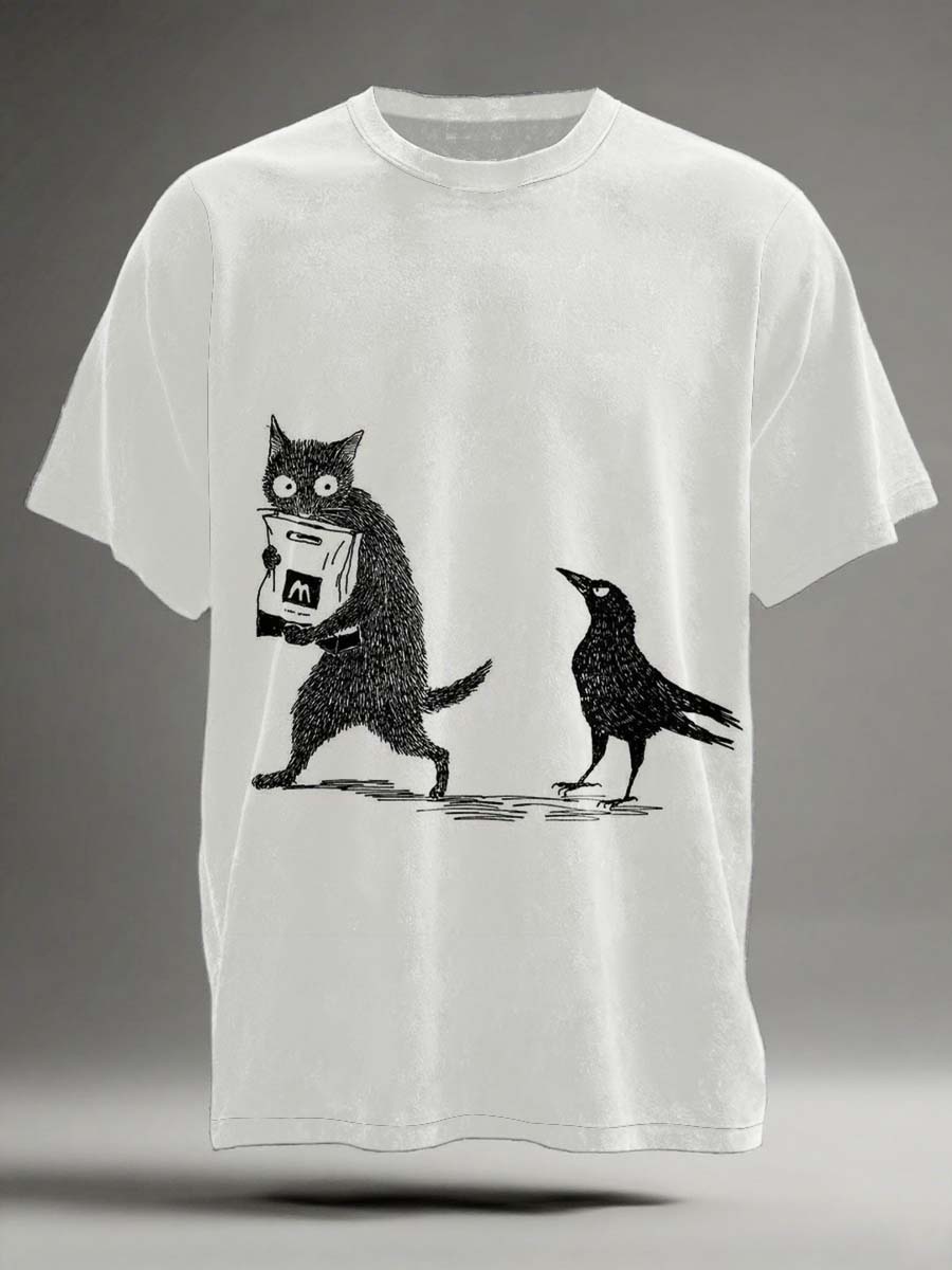 Funny Cat and Crow Print Casual Short-Sleeve T-Shirt
