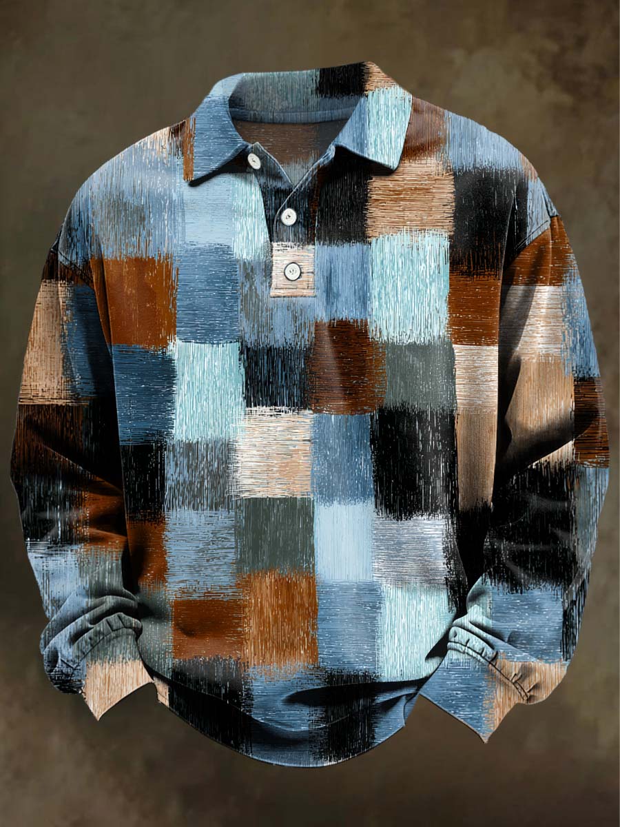 Retro Multi-Color Plaid Print Casual Long-Sleeve Polo Shirt