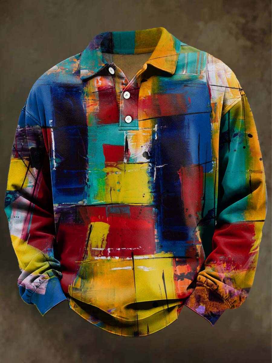 Abstract Color Block Print Casual Long-Sleeve Polo Shirt