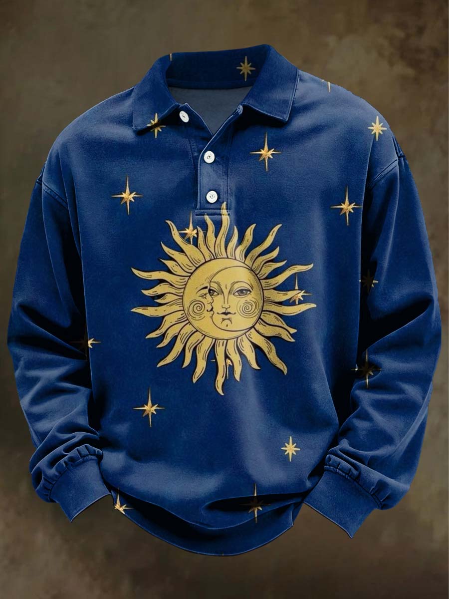 Abstract Sun and Moon Print Casual Long-Sleeve Polo Shirt