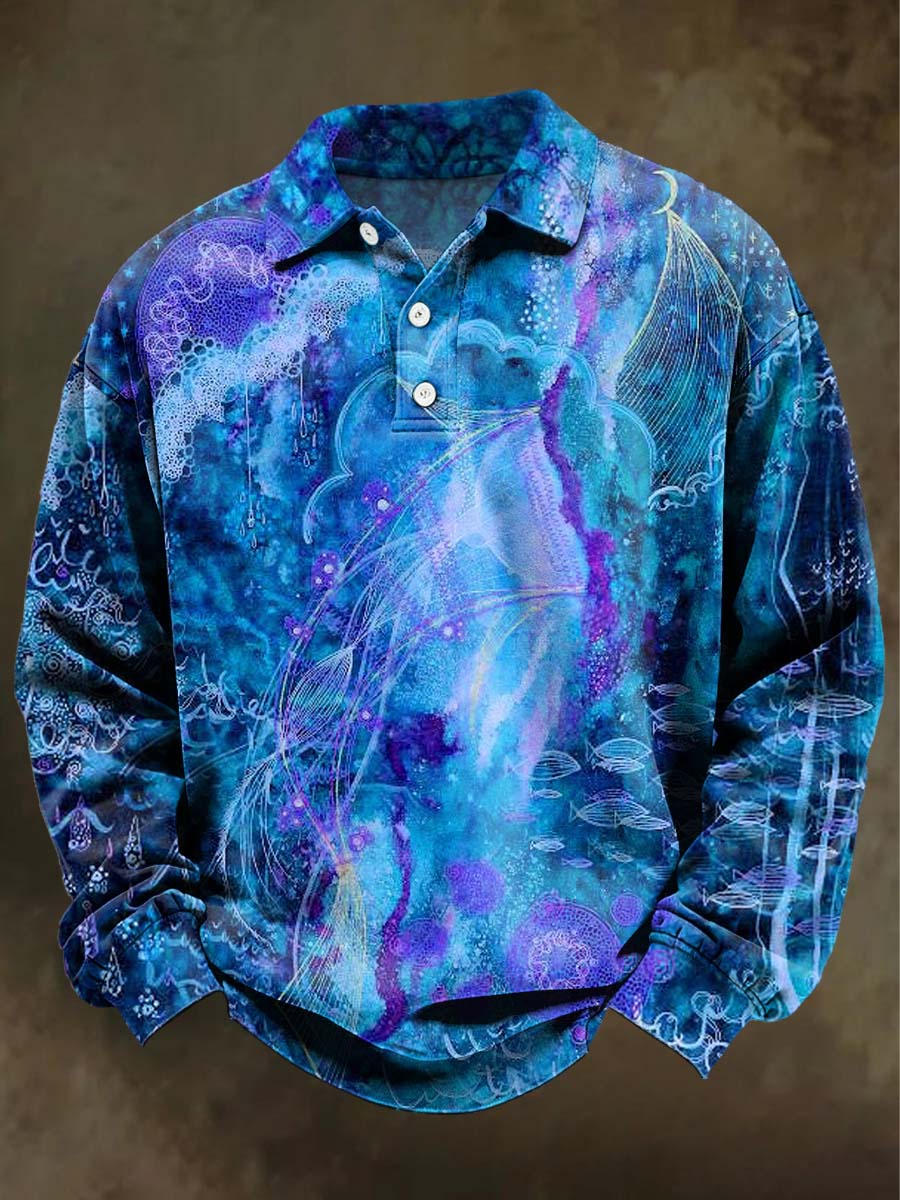 Abstract Art Jellyfish Print Casual Long-Sleeve Polo Shirt