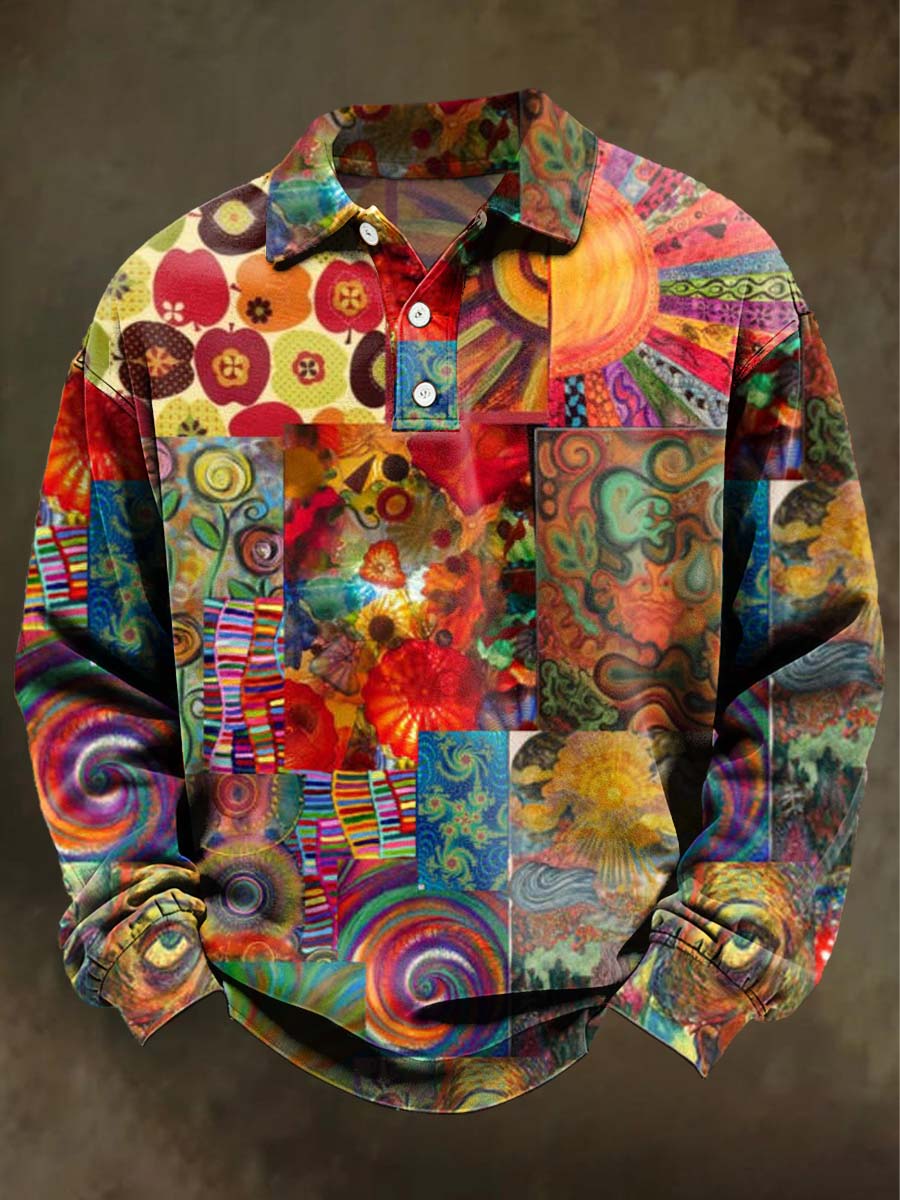 Abstract Art Patchwork Sun Print Casual Long-Sleeve Polo Shirt