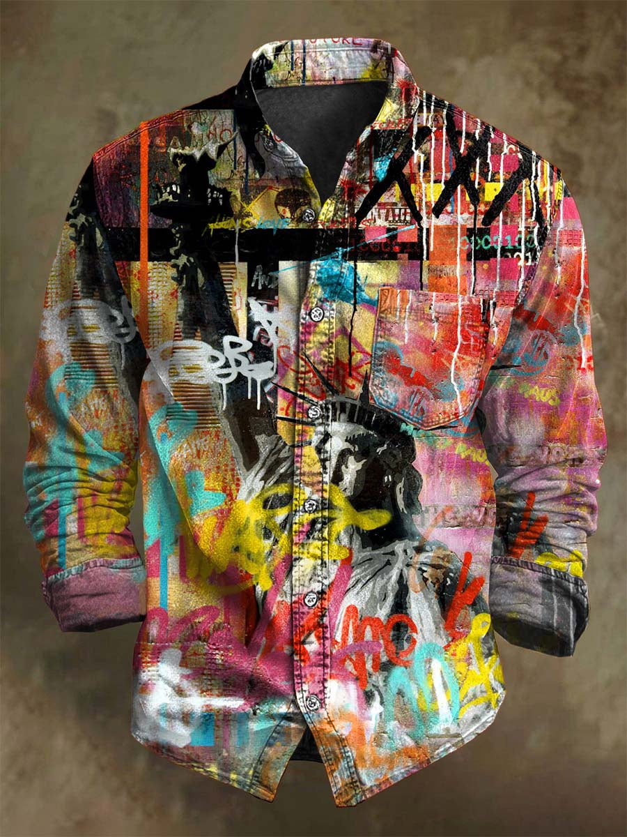 Abstract Doodle-Style Print Casual Long-Sleeve Shirt