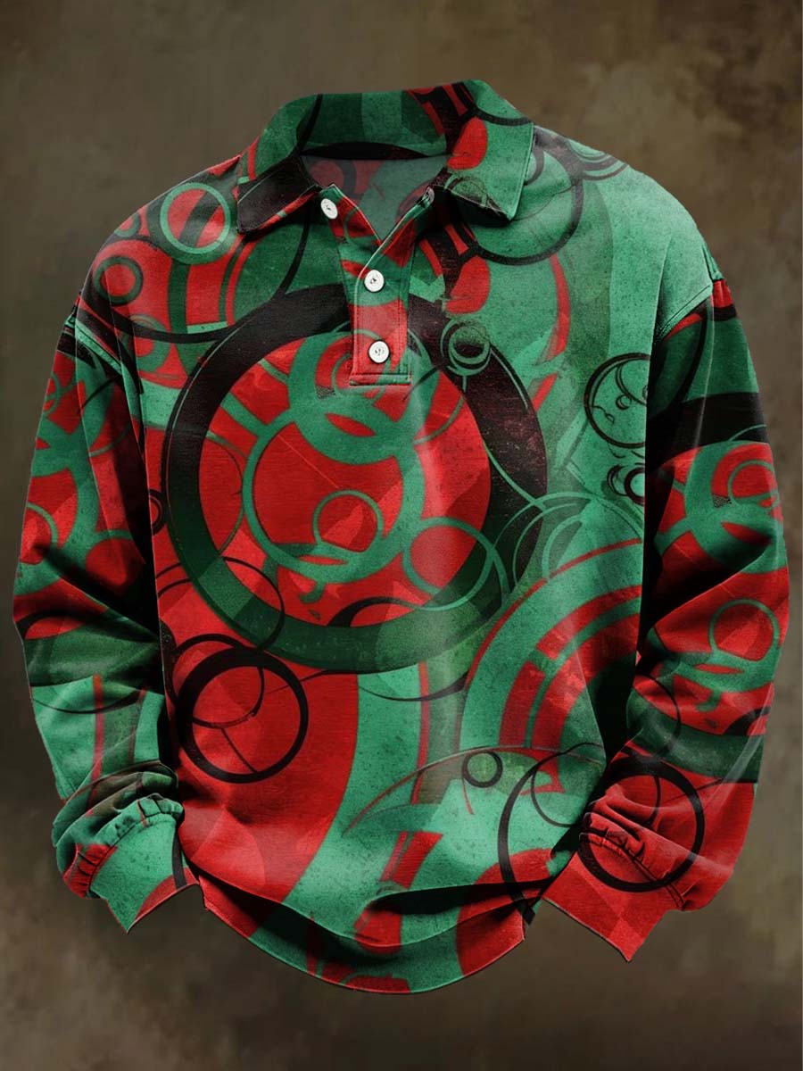 Abstract Art Contrast-Color Print Casual Long-Sleeve Polo Shirt