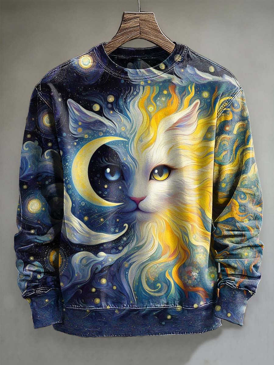 Abstract Sun and Moon Cat Print Casual Crewneck Sweatshirt