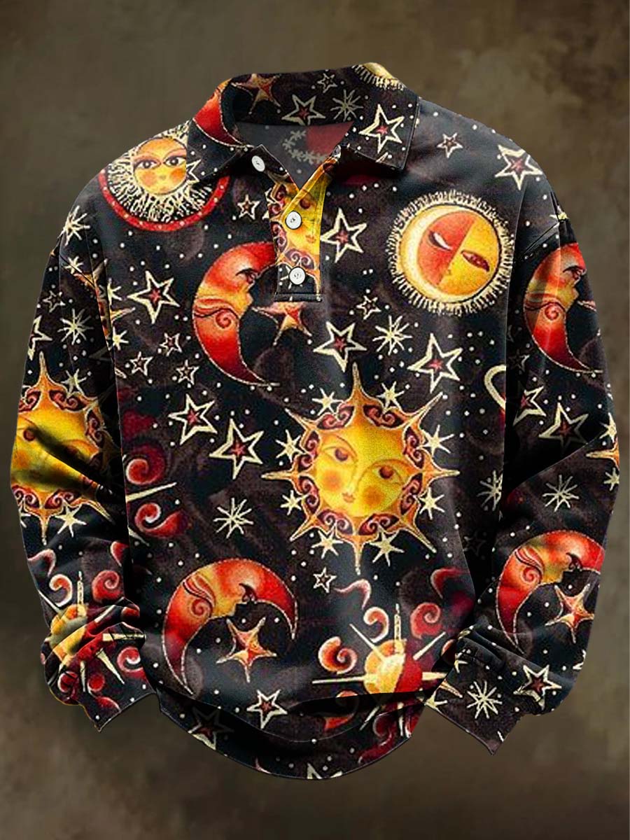 Abstract Sun and Moon Print Casual Long-Sleeve Polo Shirt