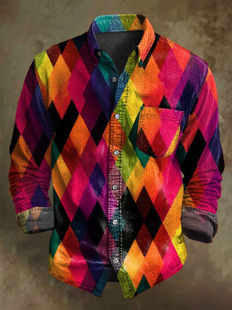 Vibrant Checkered Print Casual Long-Sleeve Shirt