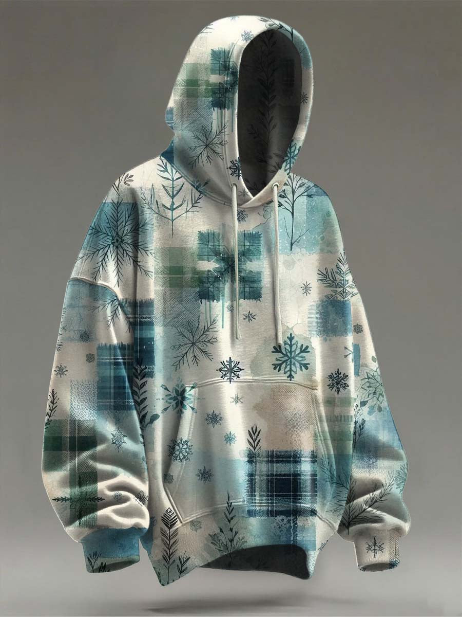 Christmas Vintage Plaid Snowflake Print Casual Hooded Sweatshirt