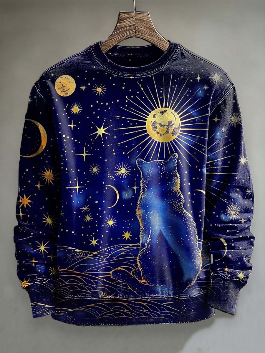 Abstract Sun, Moon, and Stars Cat Print Casual Crewneck Sweatshirt
