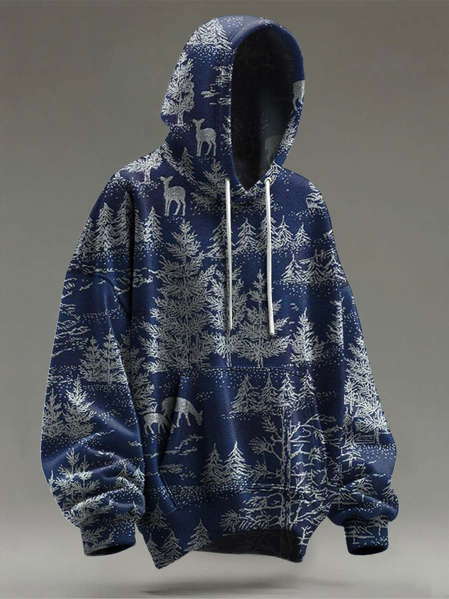 Retro Christmas Tree Print Casual Hooded Sweatshirt