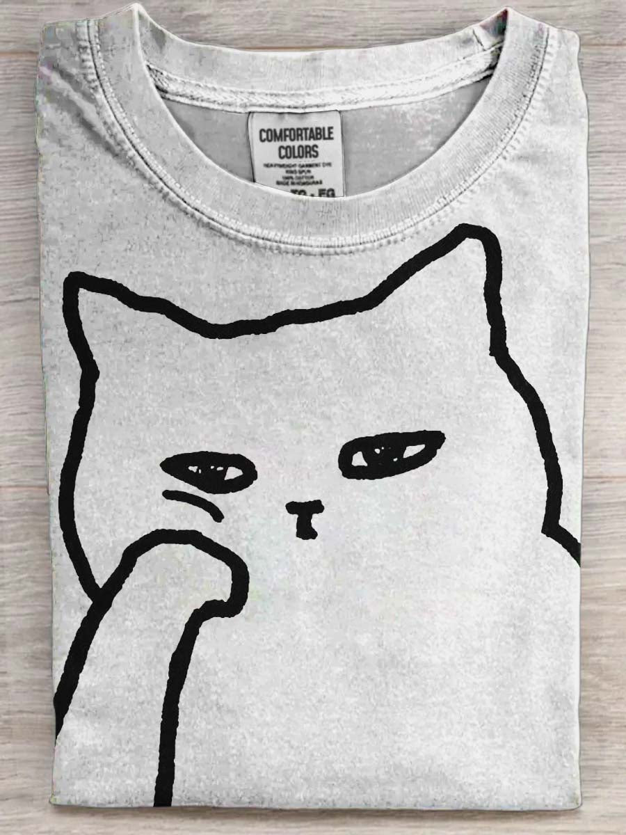 Funny Cat with Chin Rest Print Casual Short-Sleeve T-Shirt