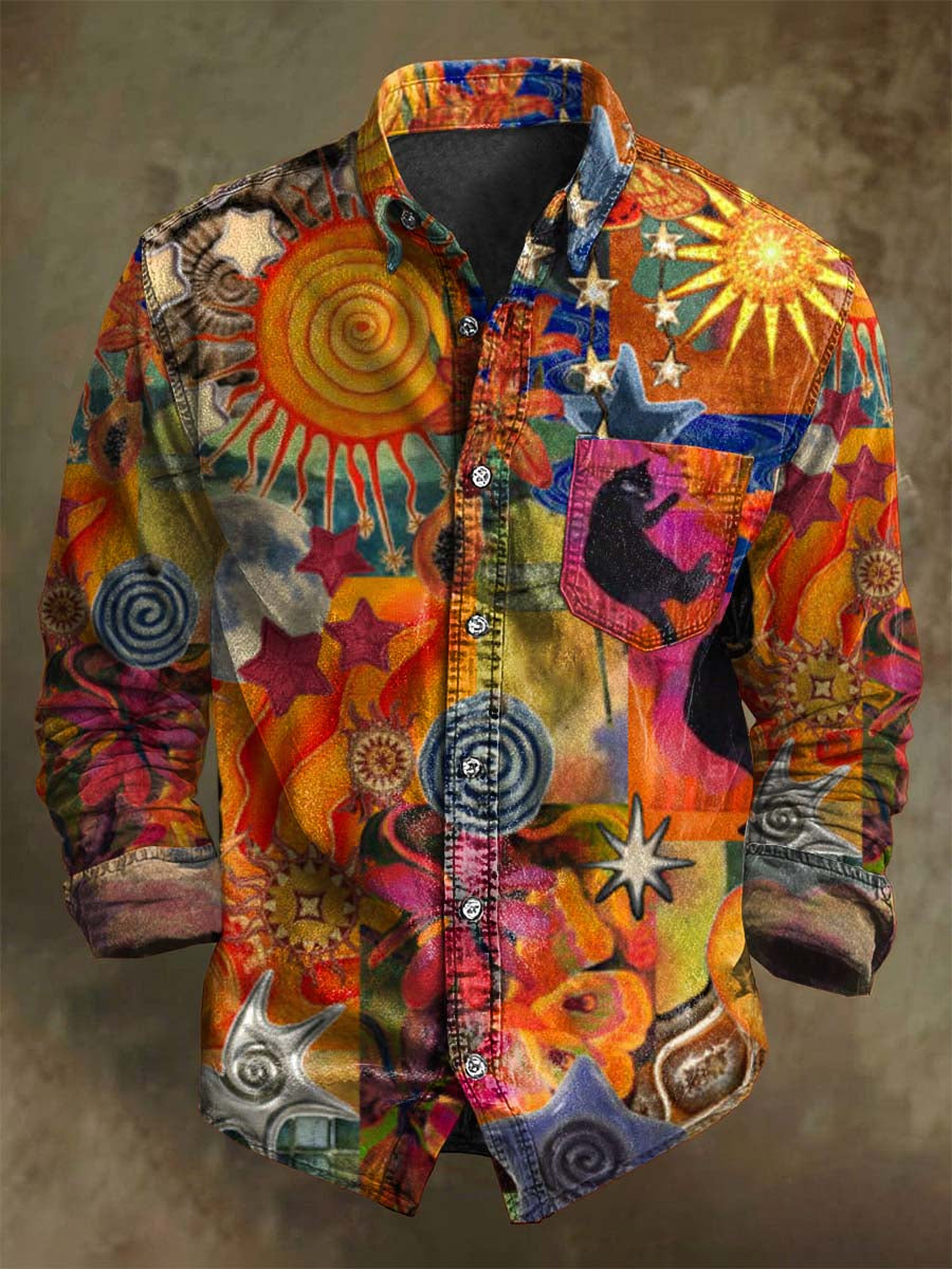 Abstract Sun, Moon, and Cat Patchwork Print Casual Long-Sleeve Shirt