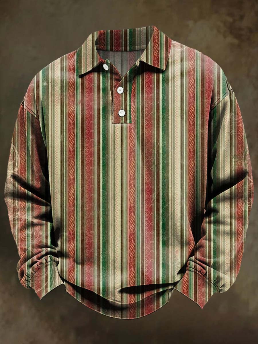Retro Striped Print Casual Long-Sleeve Polo Shirt