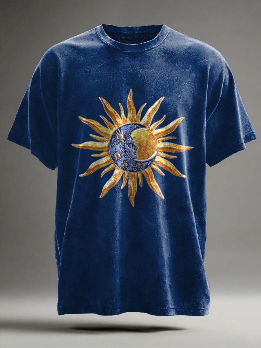 Abstract Sun and Moon Print Casual Short-Sleeve T-Shirt