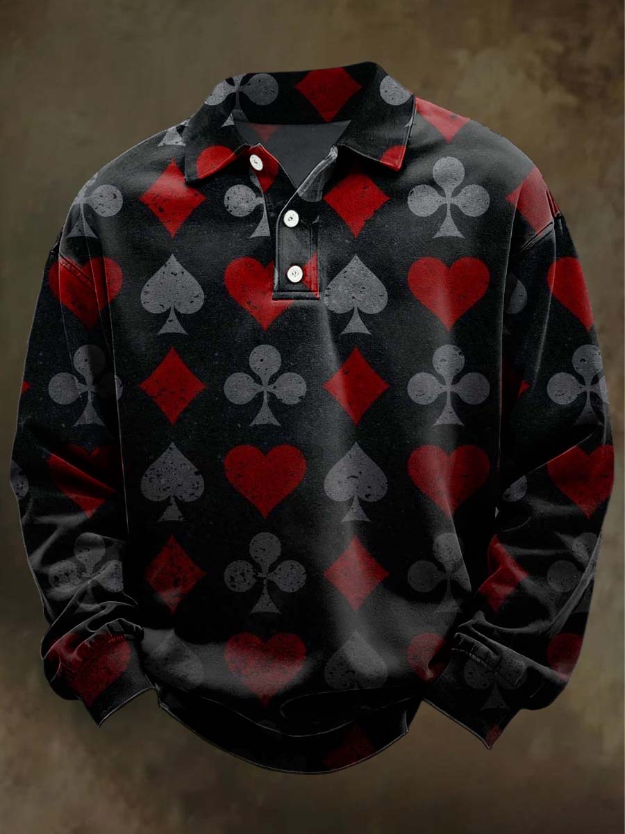 Abstract Playing Card Print Casual Long-Sleeve Polo Shirt