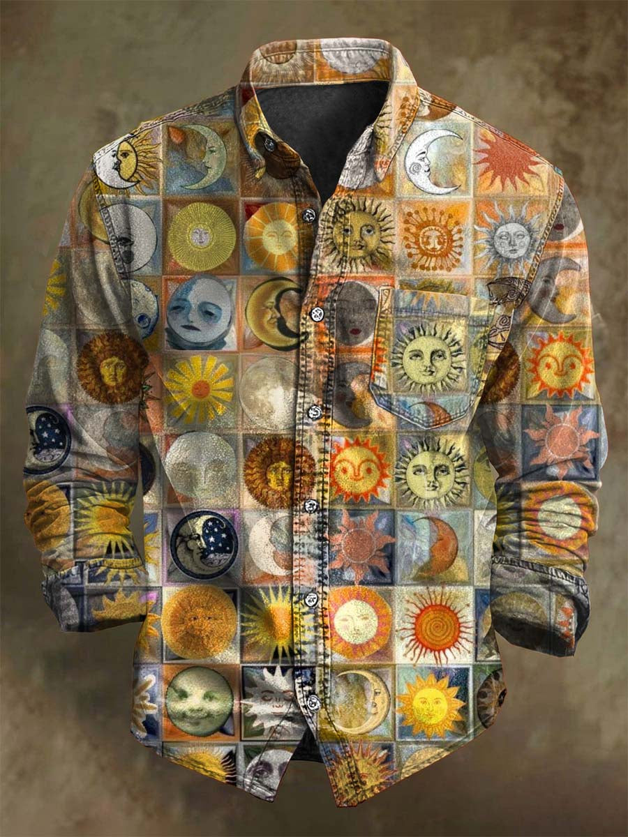 Abstract Sun and Moon Print Casual Long-Sleeve Shirt
