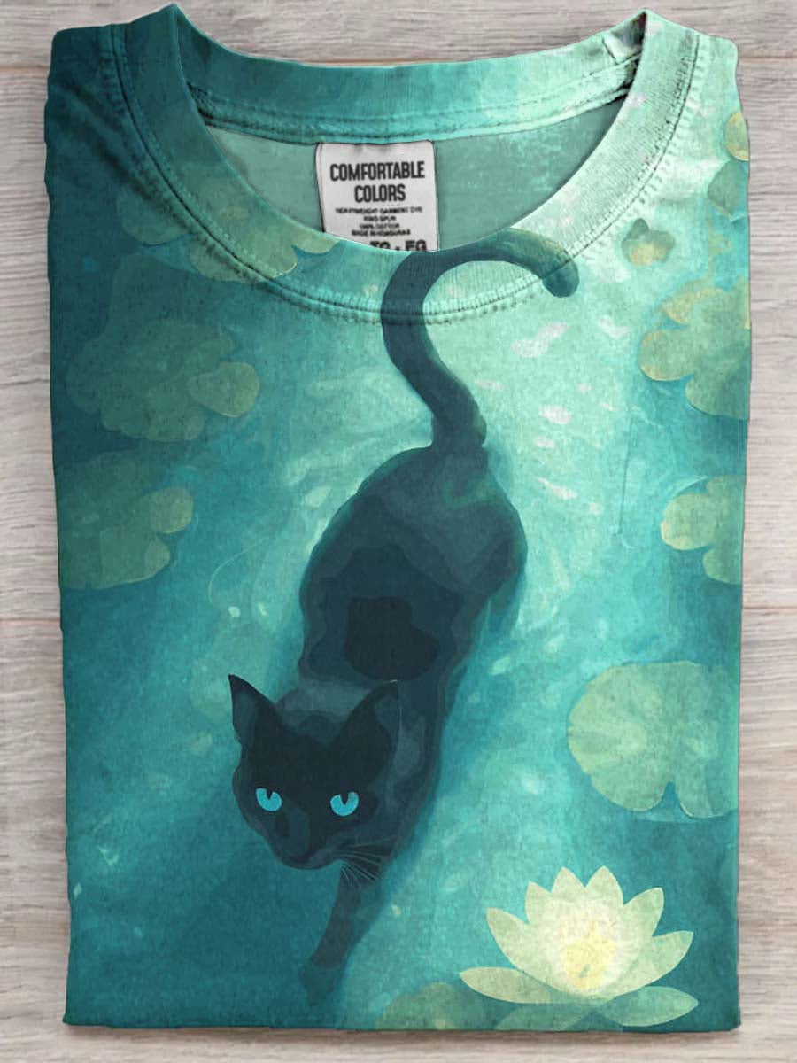 Abstract Lotus Black Cat Print Casual Short-Sleeve T-Shirt