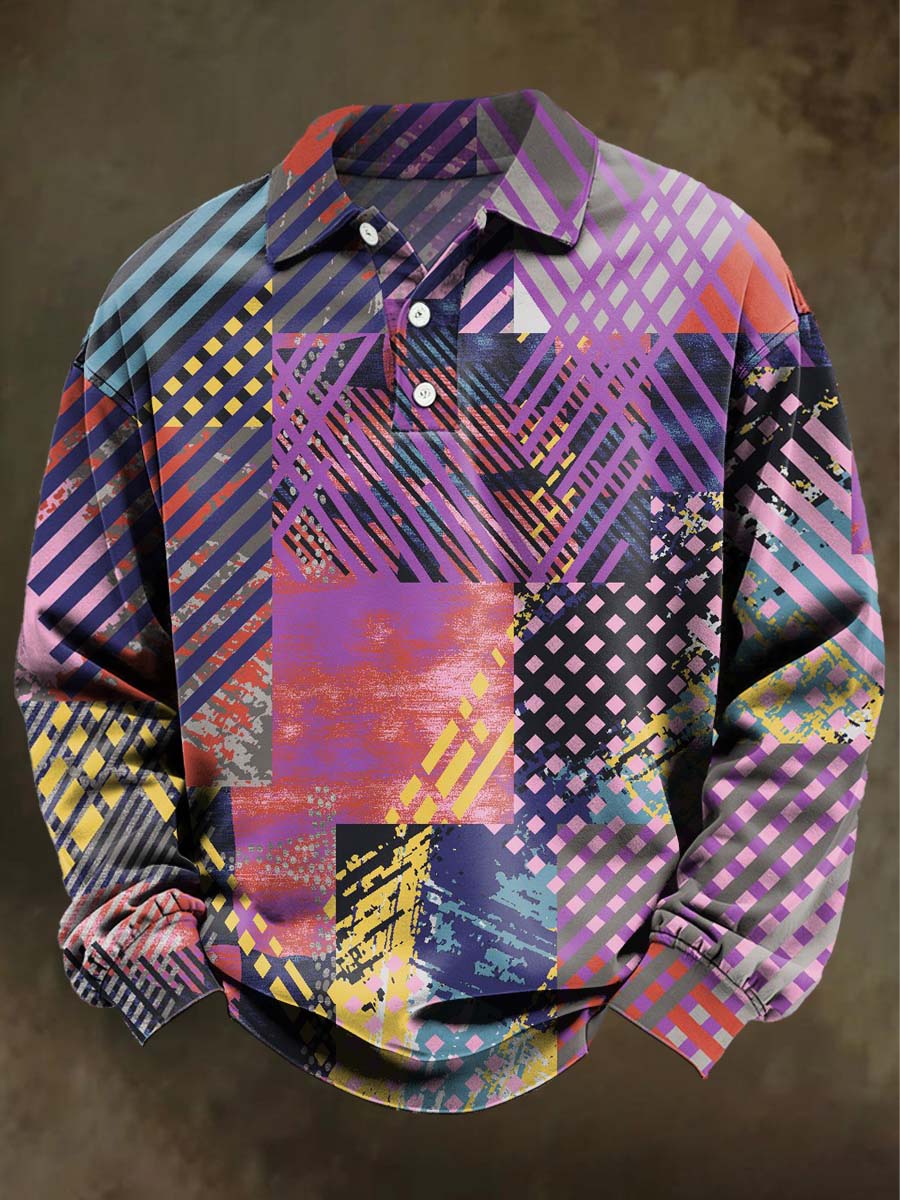 Abstract Patchwork Striped Print Casual Long-Sleeve Polo Shirt