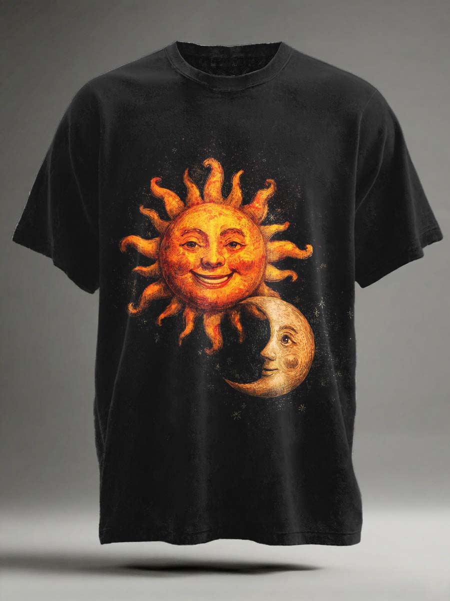 Abstract Sun and Moon Print Casual Short-Sleeve T-Shirt