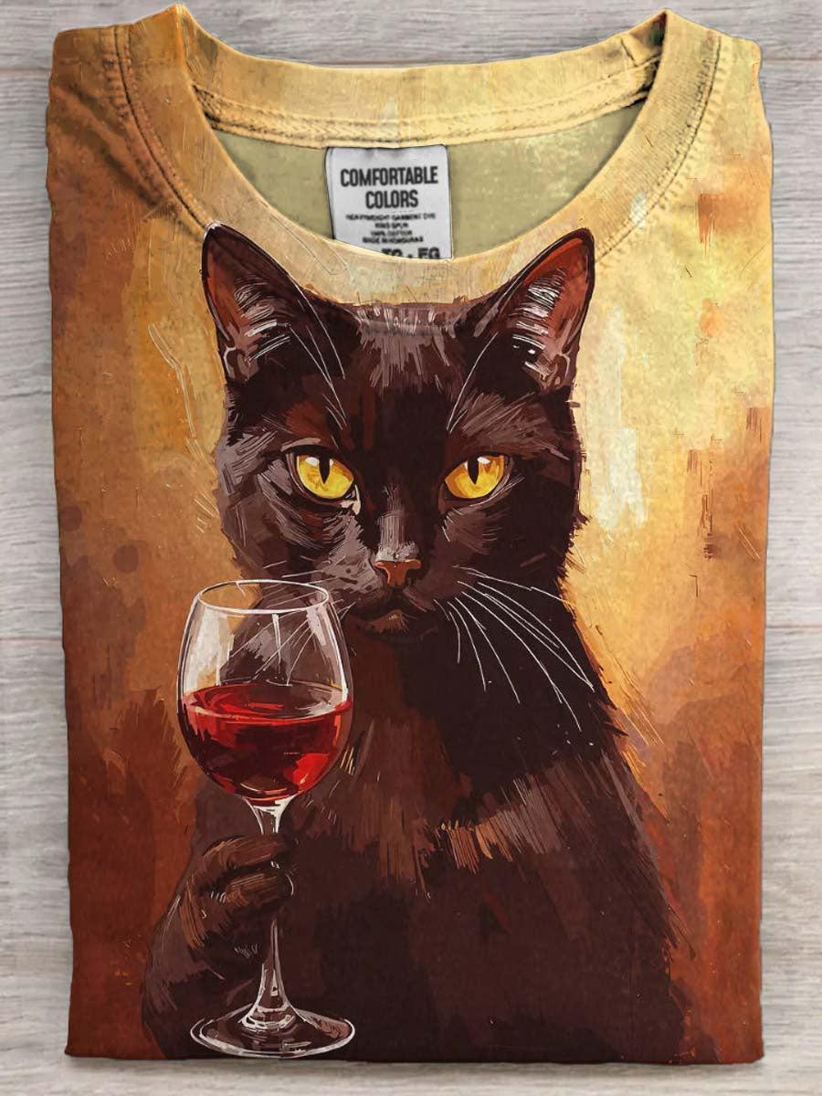 Red Wine Cat Print Casual Short-Sleeve T-Shirt