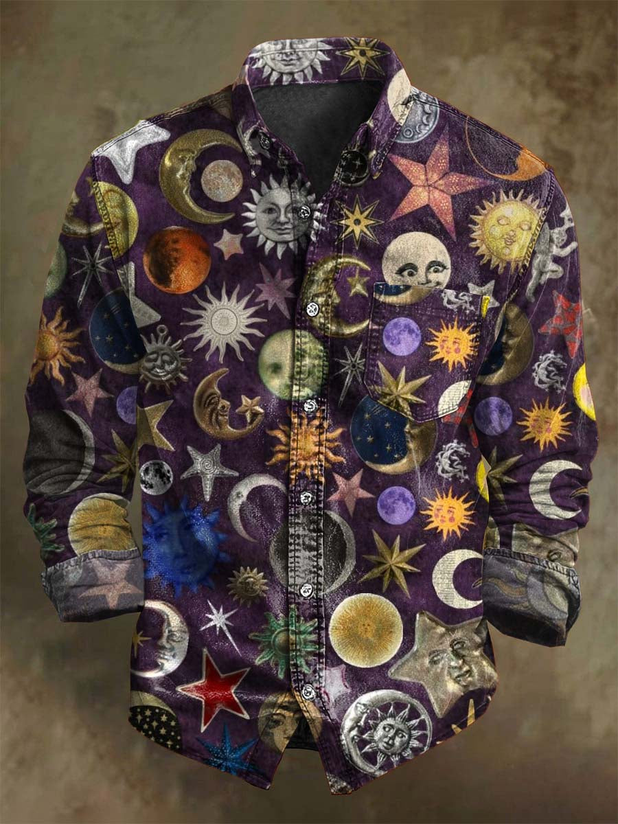 Abstract Sun and Moon Print Casual Long-Sleeve Shirt