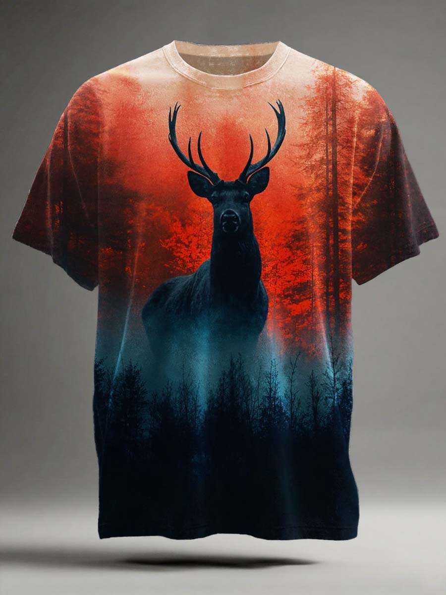 Forest Reindeer Print Casual Short-Sleeve T-Shirt