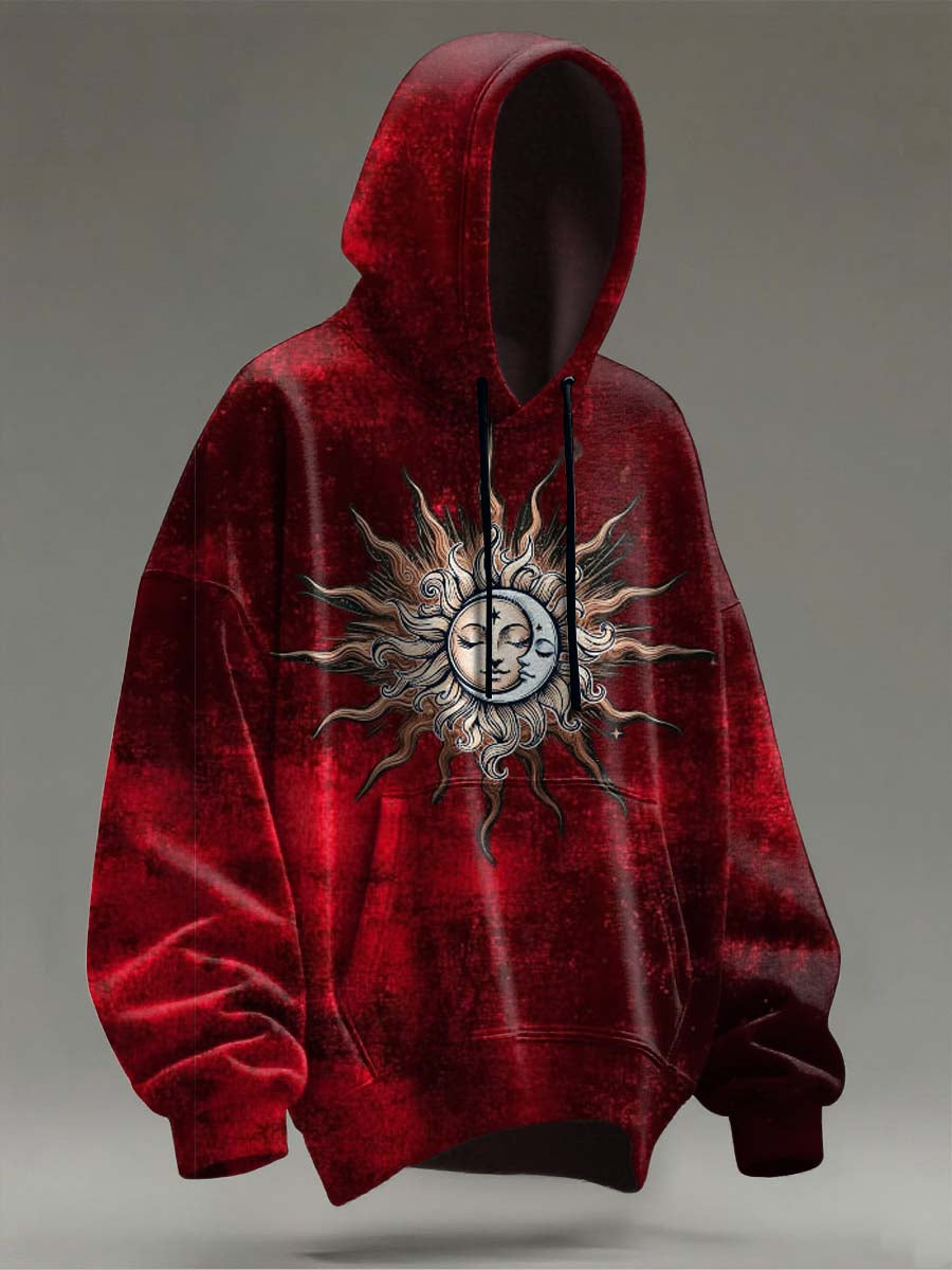 Abstract Sun and Moon Print Casual Hooded Sweatshirt