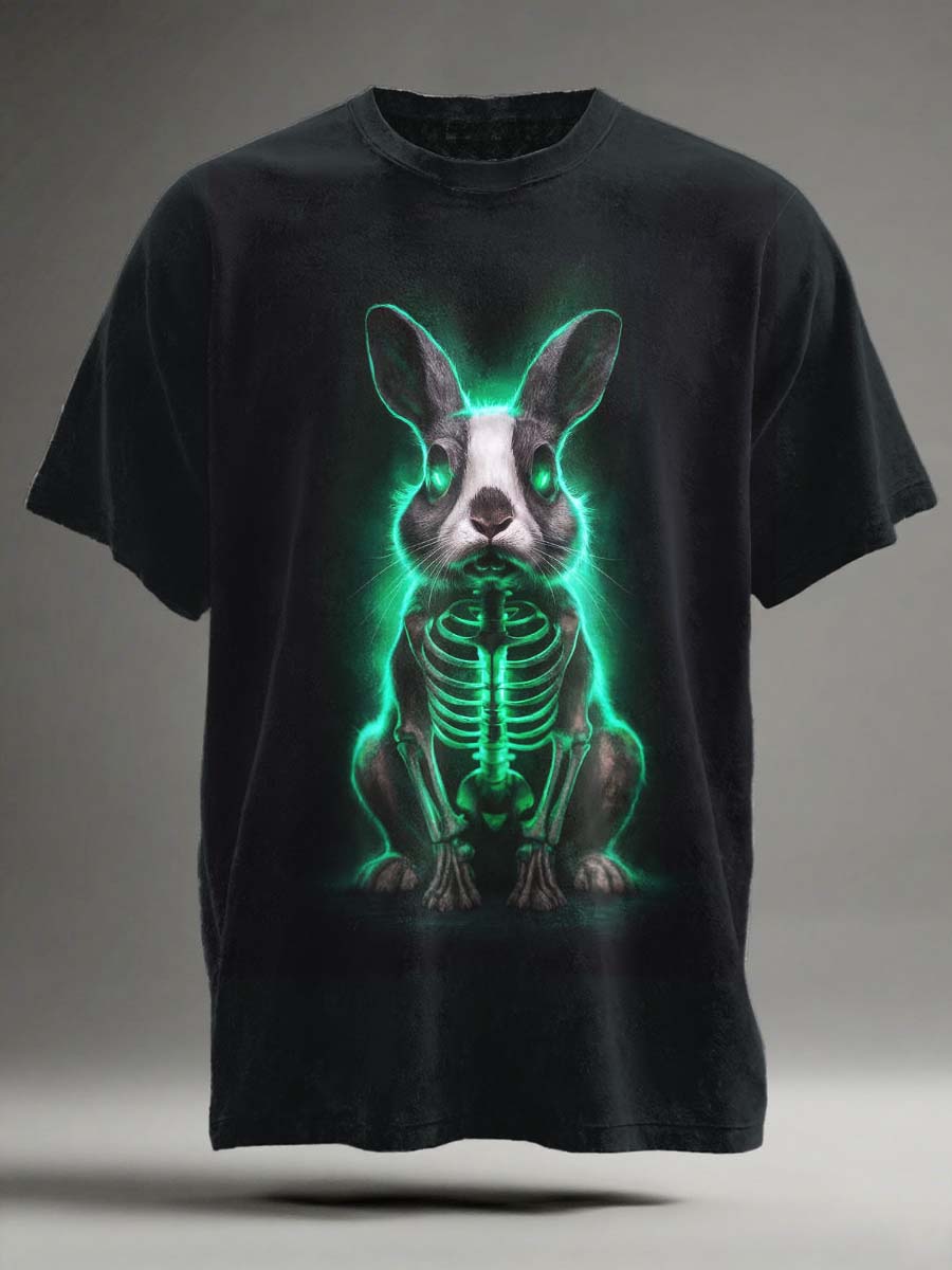 Abstract Fluorescent Skeleton Rabbit Print Casual Short-Sleeve T-Shirt