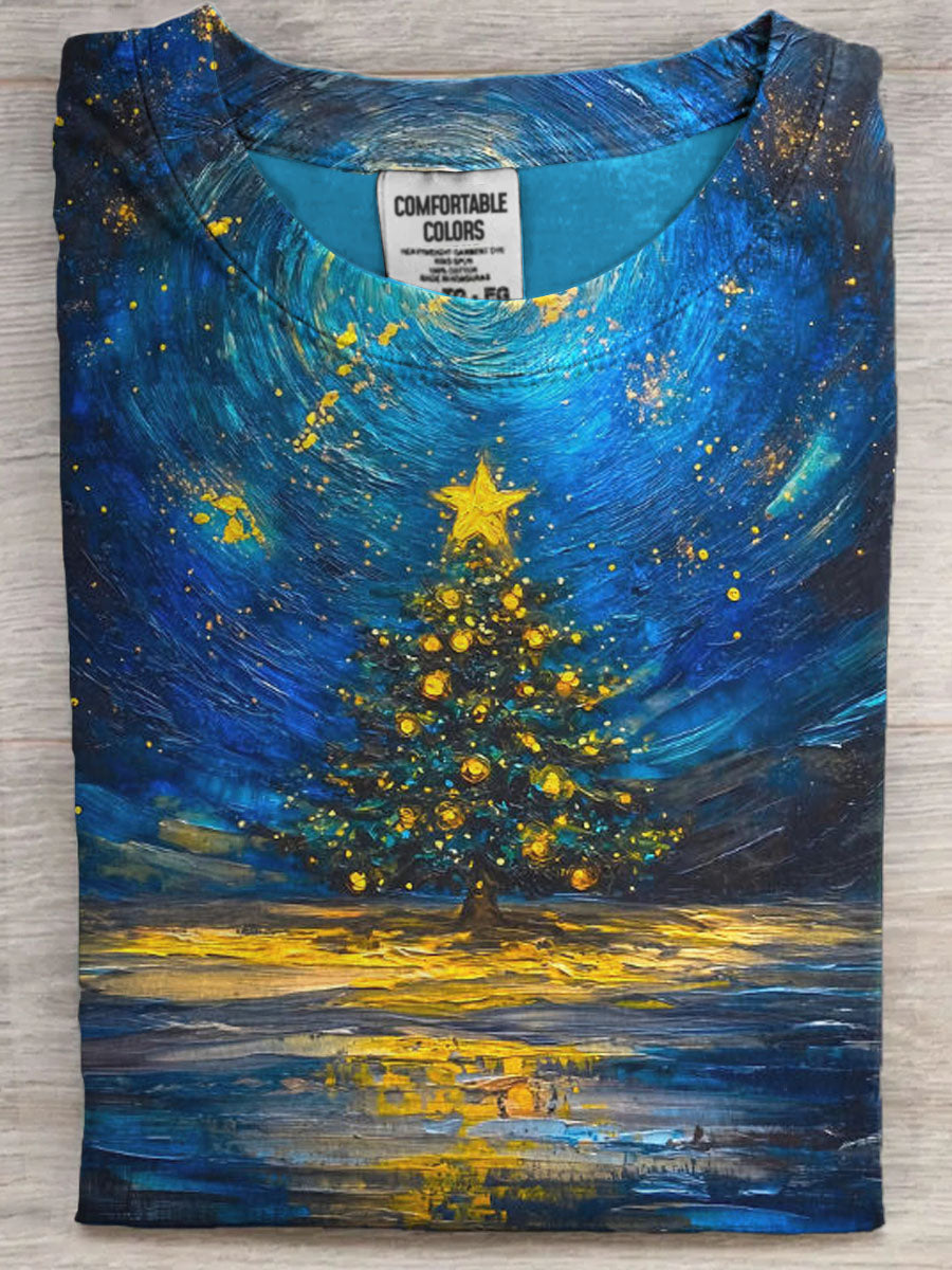 Abstract Oil Painting Christmas Tree Print Casual Short-Sleeve T-Shirt