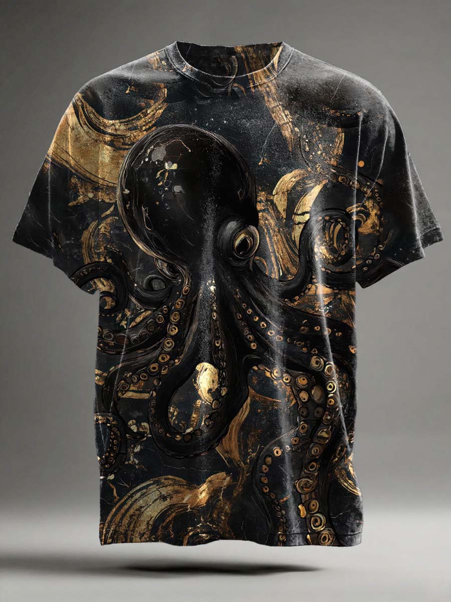 Abstract Gold and Black Octopus Print Casual Short-Sleeve T-Shirt