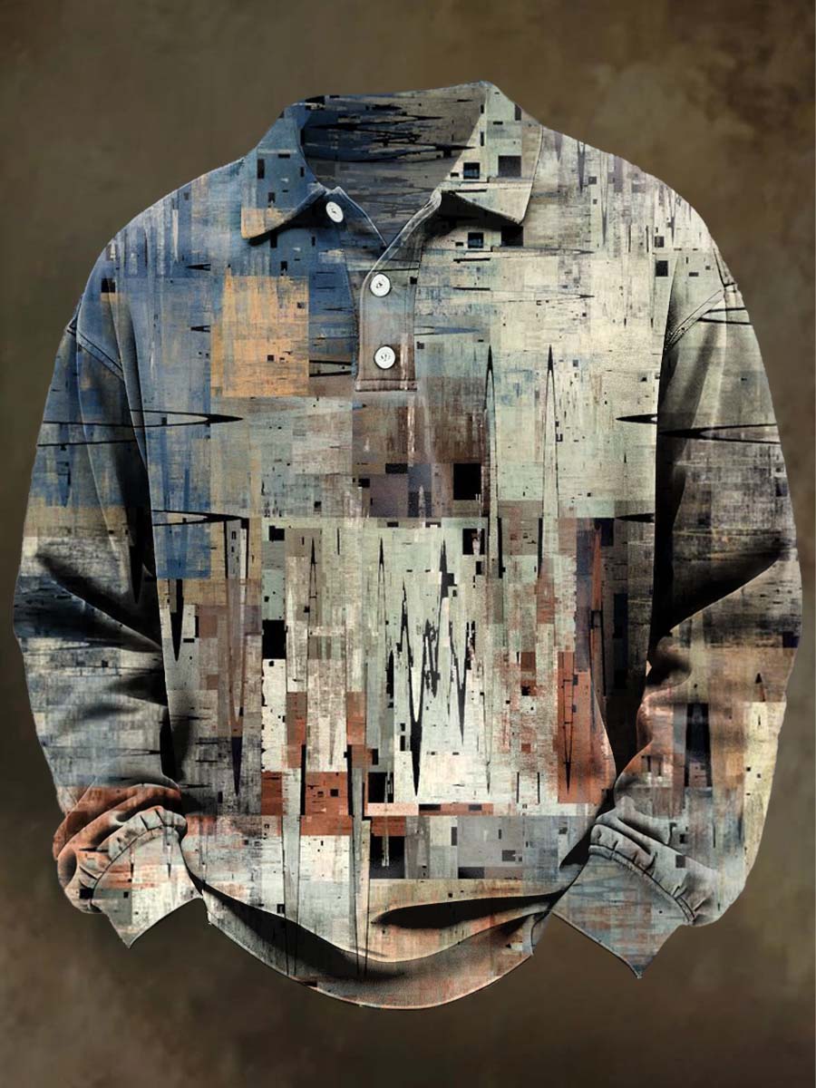 Abstract Art Print Casual Long-Sleeve Polo Shirt