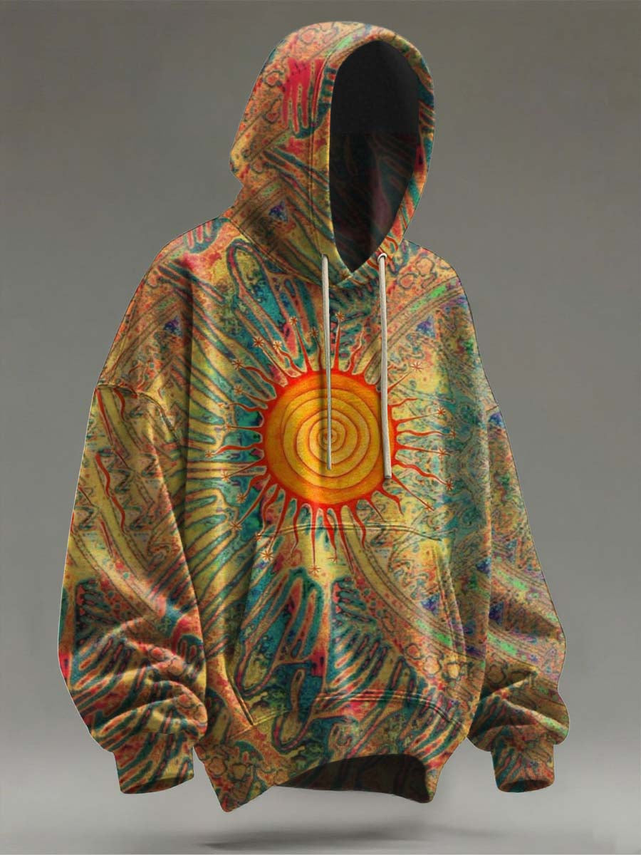 Abstract Sun Print Casual Hooded Sweatshirt