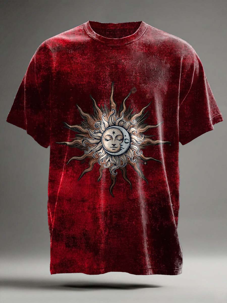 Abstract Moon and Sun Print Casual Short-Sleeve T-Shirt
