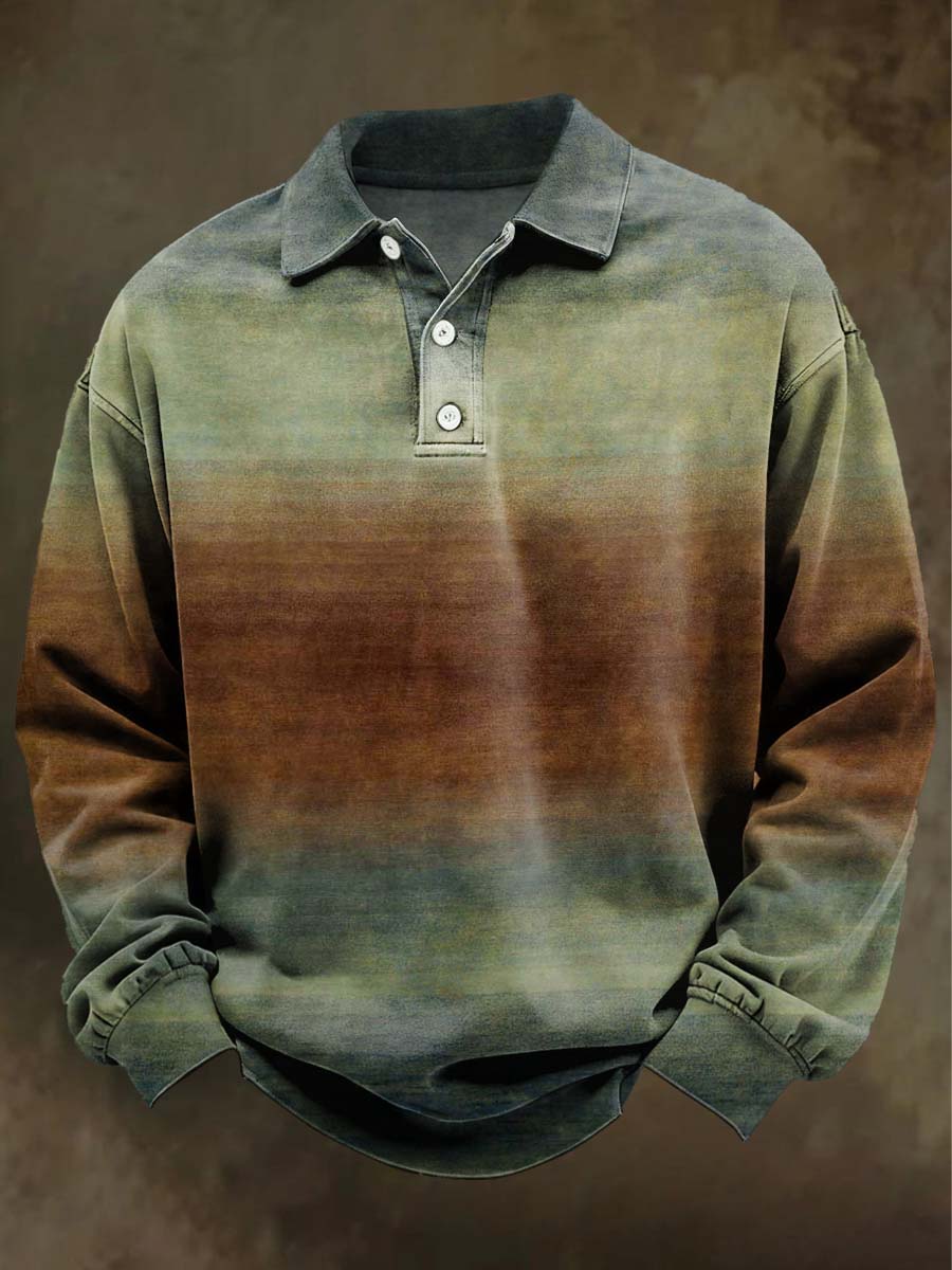 Retro Gradient Striped Print Casual Long-Sleeve Polo Shirt