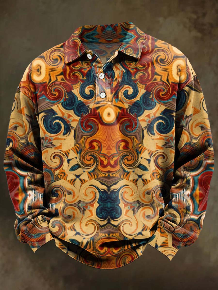Retro Abstract Floral Print Casual Long-Sleeve Polo Shirt