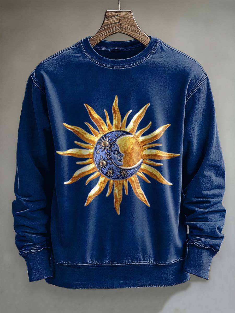 Abstract Moon and Sun Print Casual Crewneck Sweatshirt