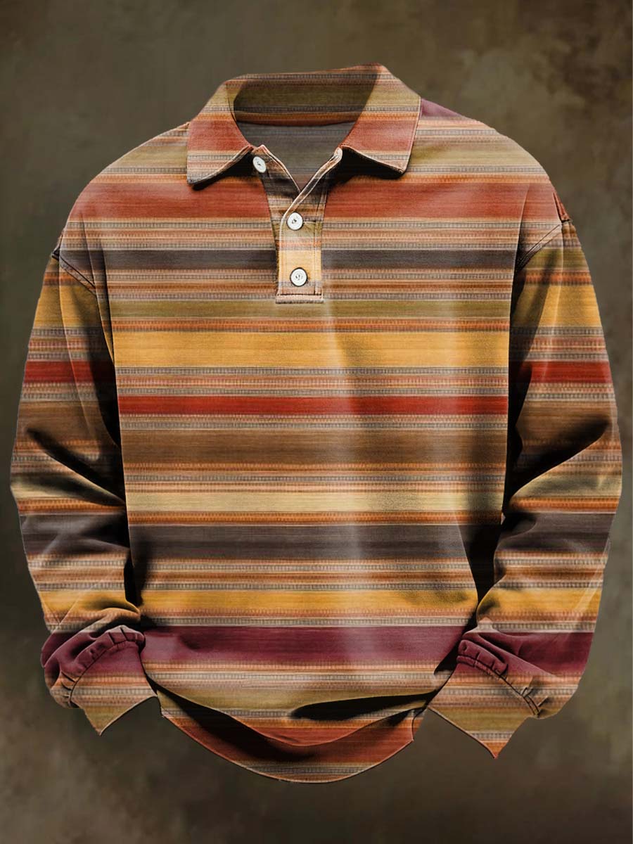 Retro Color-Block Striped Print Casual Long-Sleeve Polo Shirt