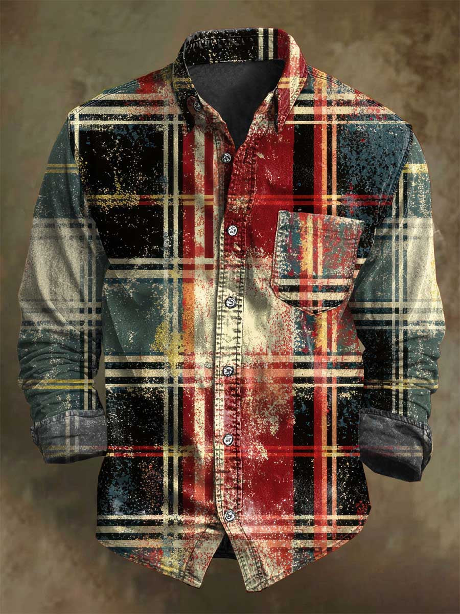 Christmas-themed color clash plaid print casual long-sleeve shirt