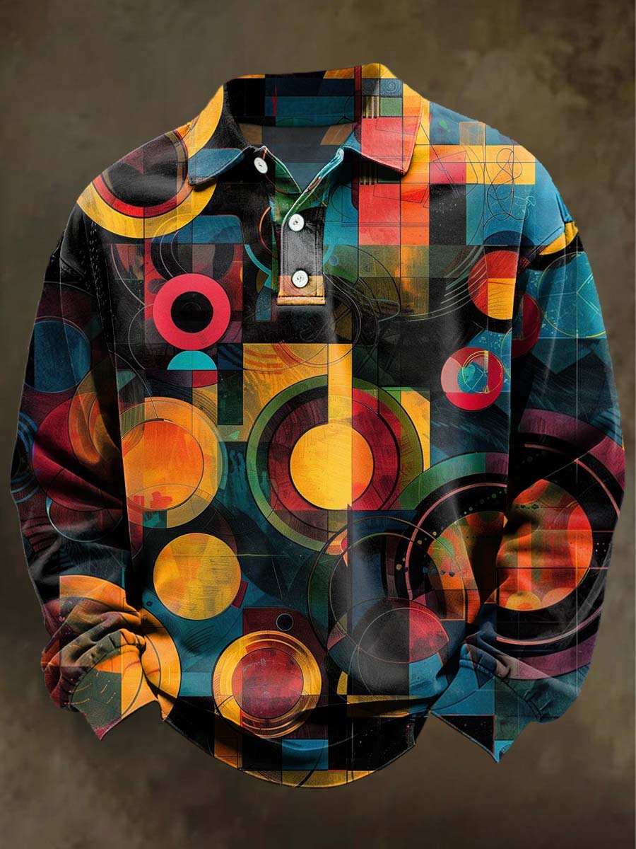 Abstract Irregular Geometric Print Casual Long-Sleeve Polo Shirt