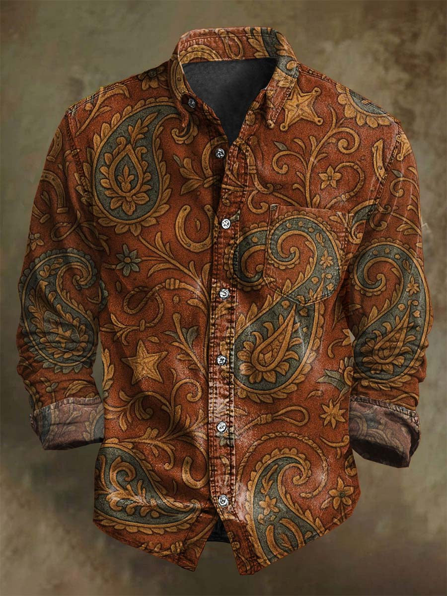Retro Paisley Floral Print Casual Long-Sleeve Shirt