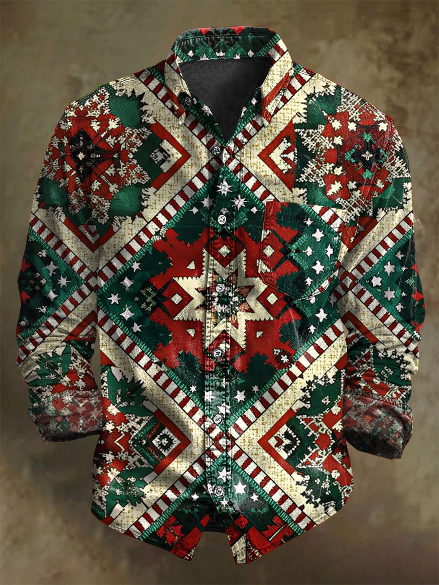 Retro Christmas Floral Print Casual Long-Sleeve Shirt