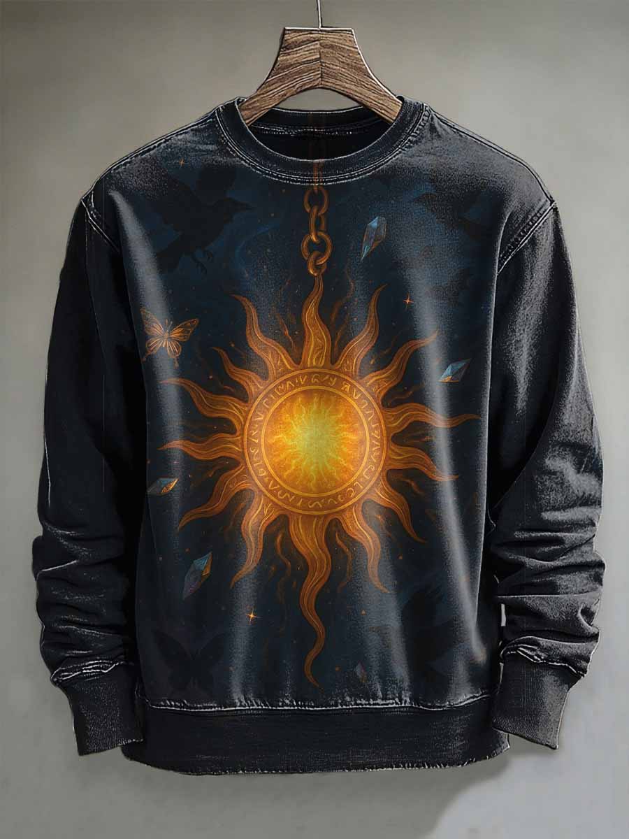 Abstract Crow Sun Print Casual Drawstring Crewneck Sweatshirt