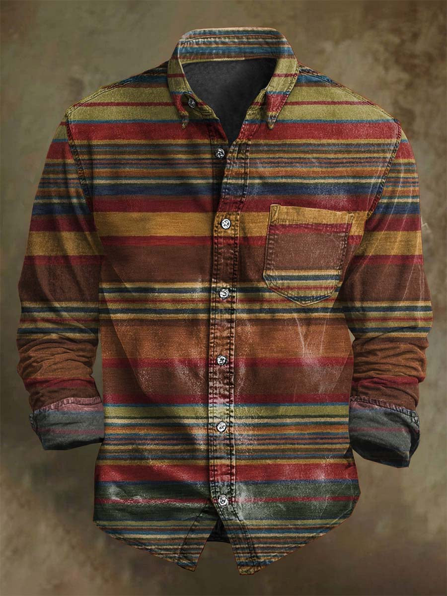 Abstract Retro Contrast-Color Striped Print Casual Long-Sleeve Shirt