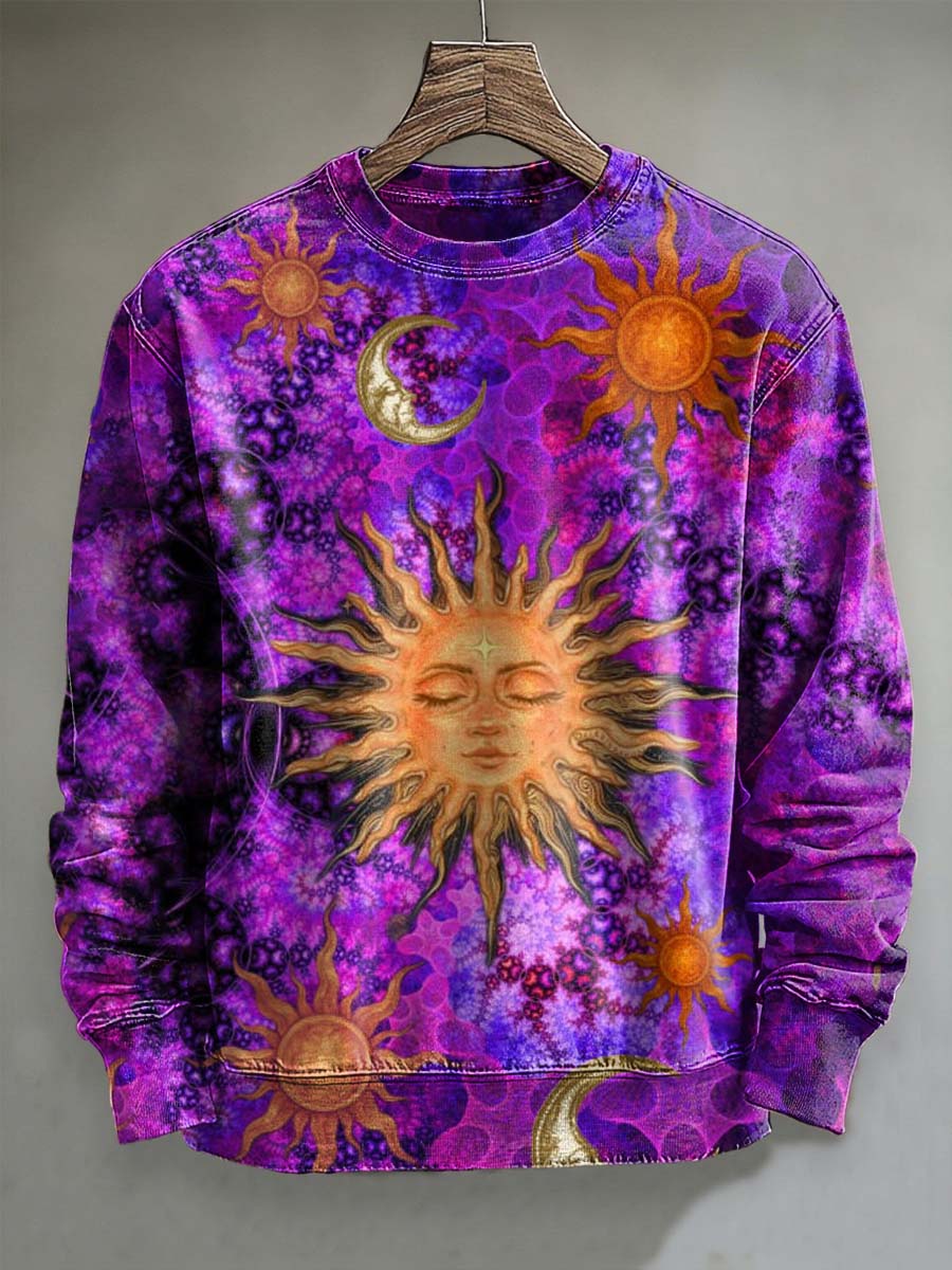 Abstract Moon and Sun Print Casual Crewneck Sweatshirt