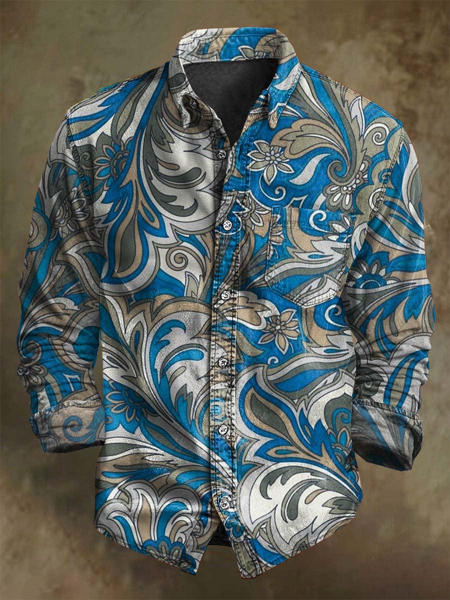 Retro Paisley Floral Print Casual Long-Sleeve Shirt