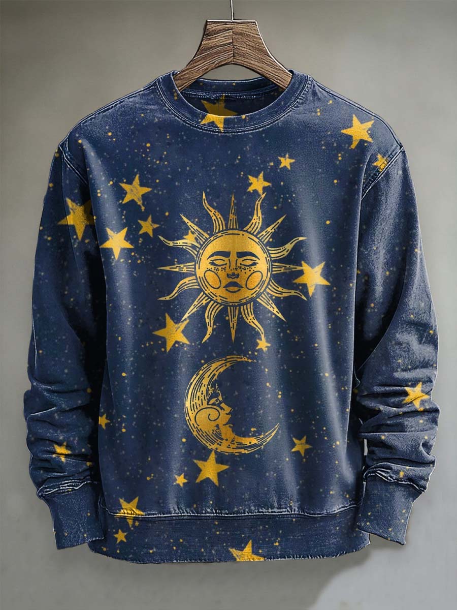 Abstract Moon, Sun, and Star Print Casual Crewneck Sweatshirt
