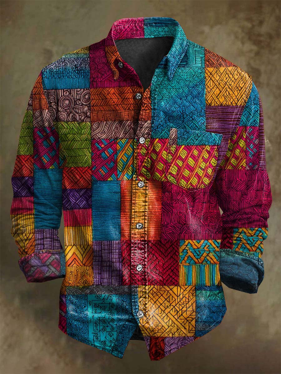 Asymmetrical Patchwork Print Casual Long-Sleeve Shirt