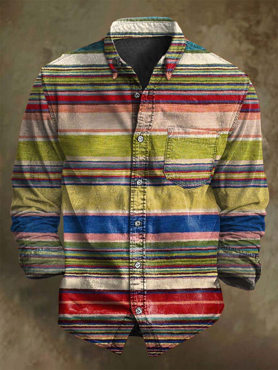 Abstract Retro Contrast-Color Striped Print Casual Long-Sleeve Shirt