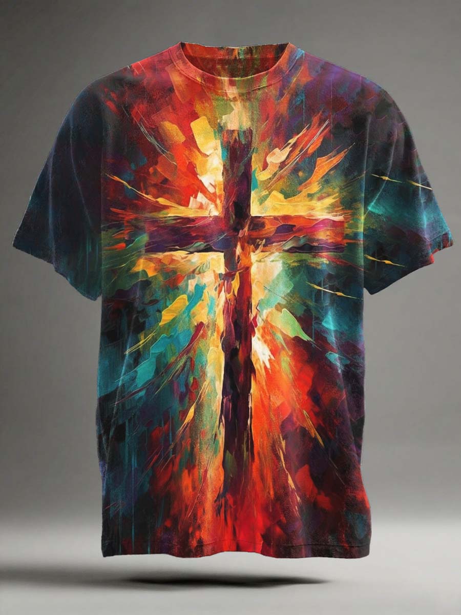 Oil Painting Religious Cross Print Casual Short-Sleeve T-Shirt